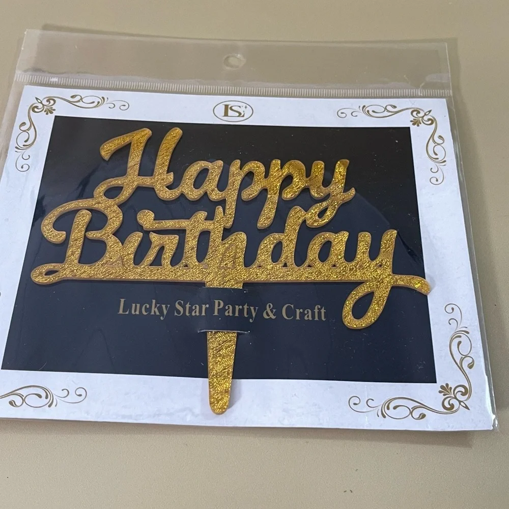 NWT Happy Birthday CursiveGold Sparkle Acrylic Cake Topper